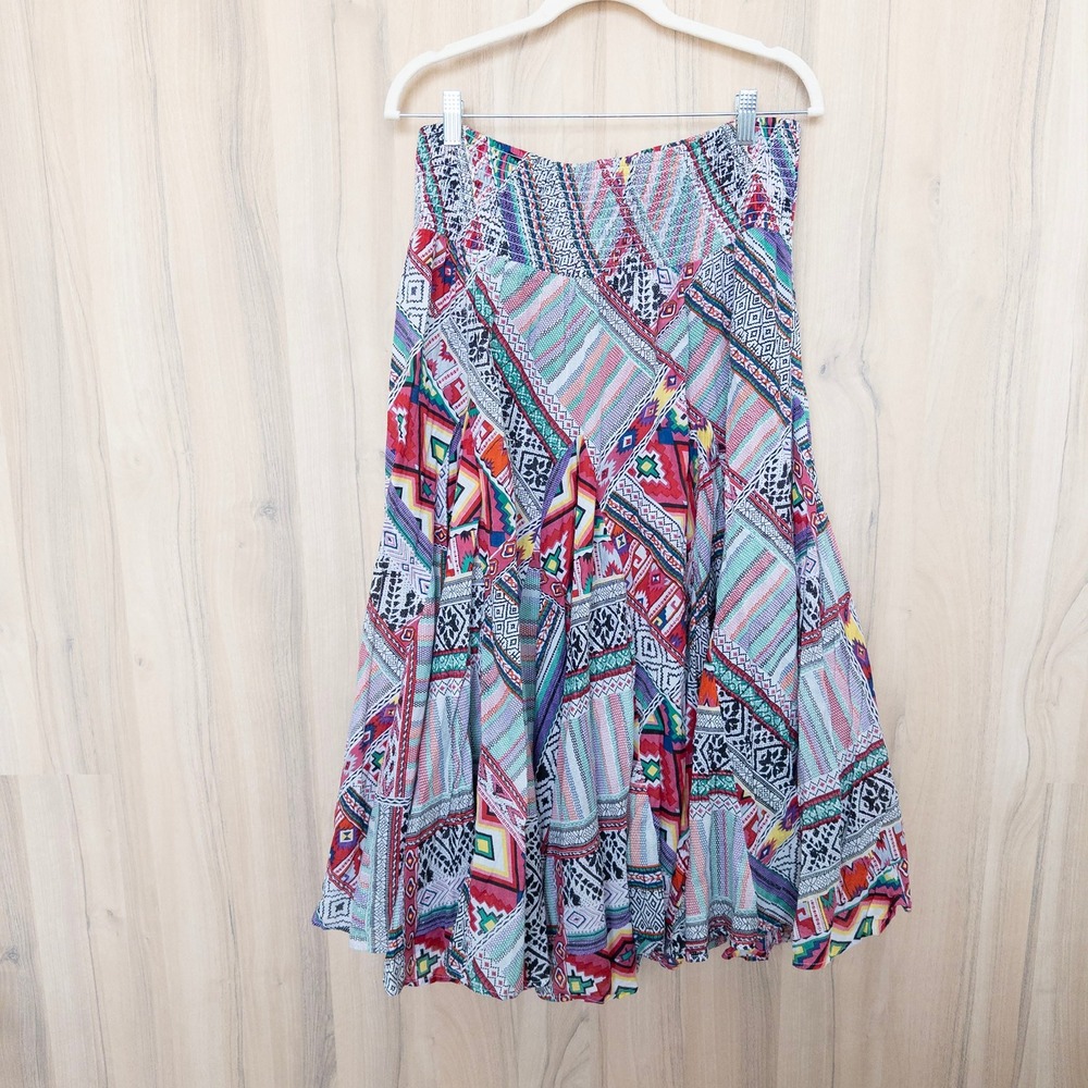 Chelsea & Theodore Boho Midi Skirt XL Multicolor Geometric Smocked Southwestern